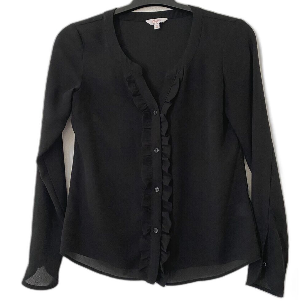 Candies Black Blouse‎ Womens Ruffle Long sleeve Button Front Size XS